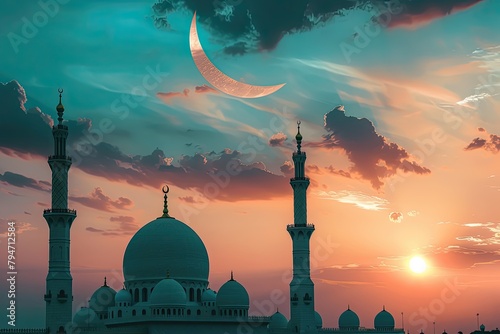Mosques dome on dusk sunset sky and crescent moon symbol religion of Islamic free space text with Ramadan month, Eid Al Adha, Eid Ul Fitr, Muharram photo