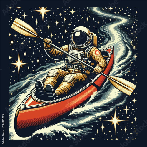 simple vector illustration of an astronaut using canoe through outer space. the illustration for a t-shirt, marchendise, emblem and more