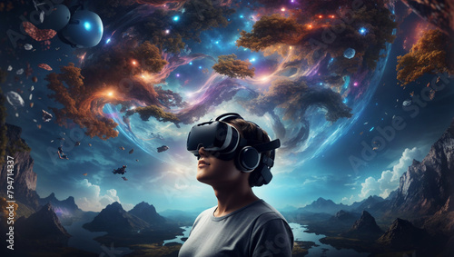 A person wearing a virtual reality headset is standing in a field, looking up at a starry night sky.