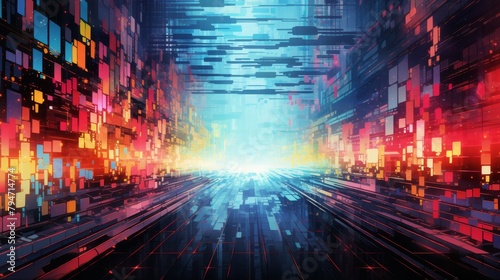 A glowing blue and white light streaks through a tunnel lined with colorful, pixelated walls.