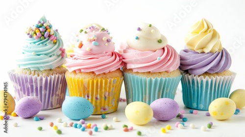 Several cupcakes with various frosting colors and sprinkles