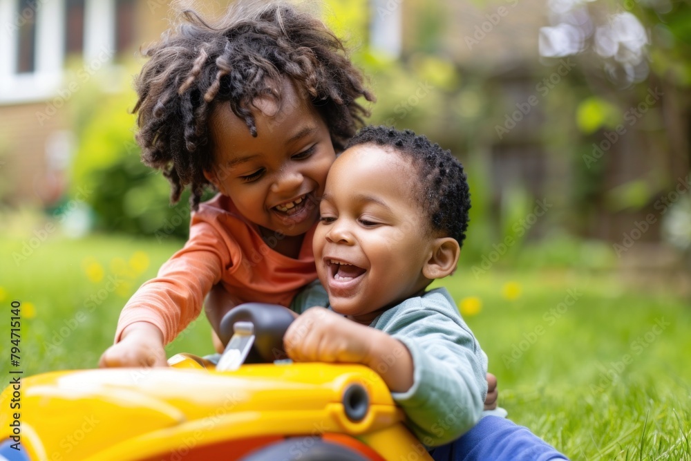 Two young African American siblings, a girl and a boy, share a joyful ride on a toy car in a lush green garden. Two young African American siblings, a girl and a boy, share a joyful ride on a toy car in a lush green garden.