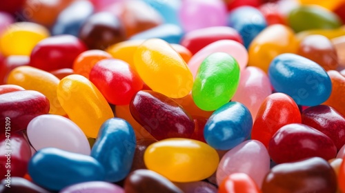 A pile of colorful jelly beans with one green jelly bean on top.