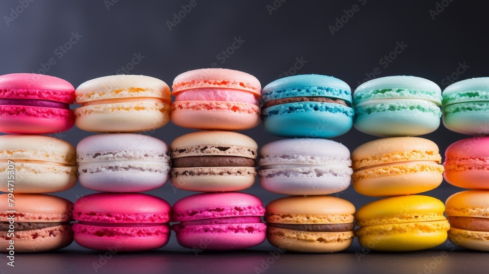 Obraz premium A row of colorful macarons on a black background.