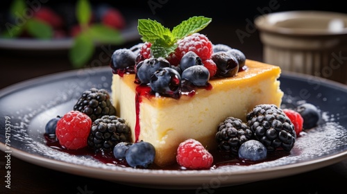 A slice of cheesecake with blueberries, raspberries and blackberries on top
