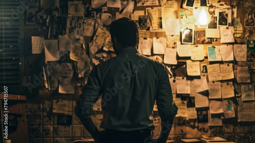 A police detective looking at a wall covered in photos and notes about a murder mystery