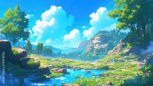 Immersed in the heart of a lush forest lies a picturesque glade serving as the backdrop for a stunning nature landscape captured in cartoon 2d format © AkuAku