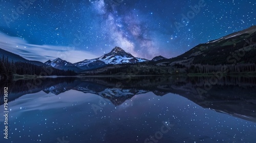 A tranquil lake mirrorlike in its stillness reflecting a sky of stars and a distant snowcapped peak. 2d flat cartoon. photo