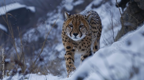 A large felid  possibly a tiger or a lion  confidently strides through a landscape covered in a layer of snow. Its powerful muscles ripple beneath its fur as it moves gracefully across the wintry