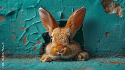 Easter bunny peeking through hole in blue, fluffy rabbit ears visible, torn paper effect, AI Generative © sorapop