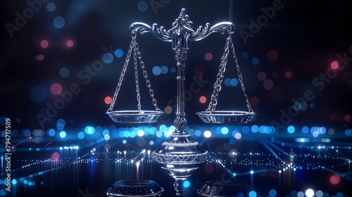 Law scales on background of data center. Digital law concept of duality of Judiciary, Jurisprudence and Justice and data in the modern world, Copy space, Law and AI Technology concept