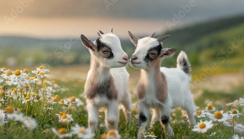 Playtime Pals: Two Tiny Goat Kids Frolic Among Flowers"