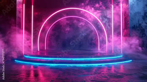 Futuristic neon music stage  3D render  glowing round above podium  ultraviolet spectrum  AI Generative
