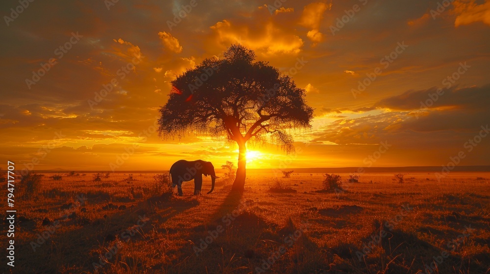 imaginative scene, elephant balancing on tree, lonely yet majestic, overlooking endless plains, golden hour, reflective mood, warm lighting, AI Generative