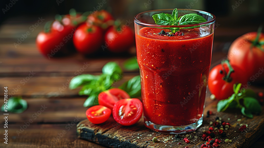 A glass of delicious tomato juice with vitamins. A glass of tomato smoothie on a wooden table in a cafe. A glass of delicious tomato juice with vitamins. A glass of tomato smoothie on a wooden table in a cafe.
