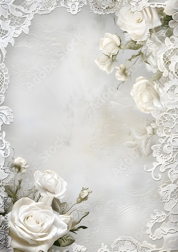 shabby chic scrapbook paper with white roses and lace on a damask background © Sagar
