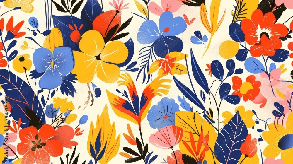 A vibrant and trendy fusion of modern exotic florals creates a captivating jungle pattern in a contemporary collage design This pattern is skillfully hand drawn in a playful cartoon