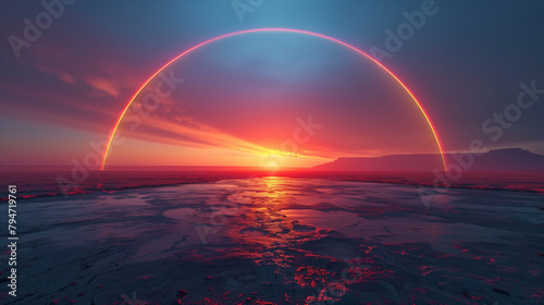 A single luminous rainbow arcing over a minimalist landscape, Single rainbow beauty