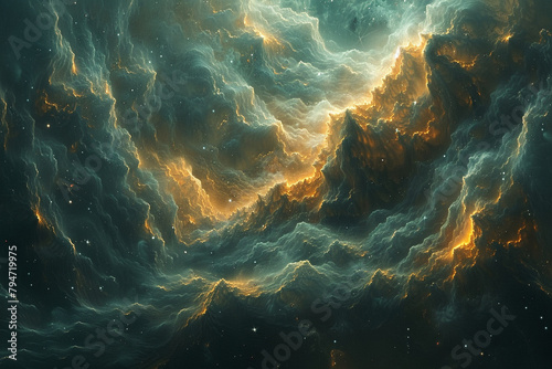 Interstellar dust clouds swirling in a cosmic dance  veiling distant stars in a shroud of ethereal mystery and intrigue in a surreal display of digital artistry.