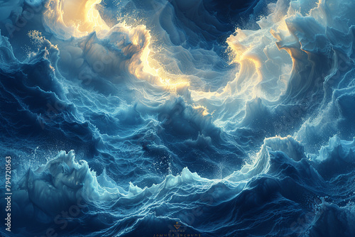 Luminescent waves of energy rippling through a digital ocean, casting an otherworldly glow upon the depths below. photo
