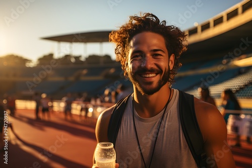 a photo of a latino male sprinter athlete on a track holding in his hand and drinking cold isotonic sports water drink. sweaty after exercises. blurry stadium background