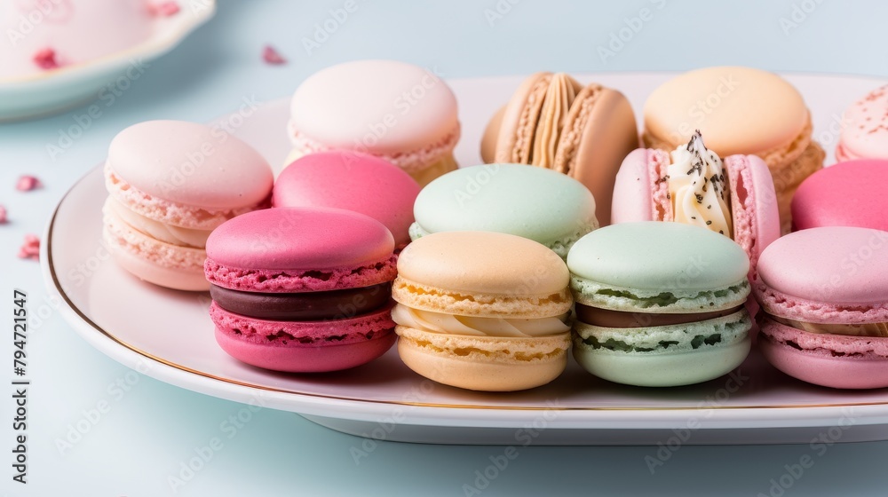 A variety of colorful macarons are arranged on a white plate. A variety of colorful macarons are arranged on a white plate.