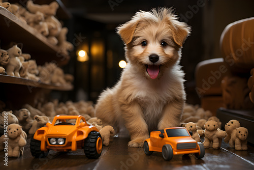 cute puppy playing with car toys at home in the playroom of his house