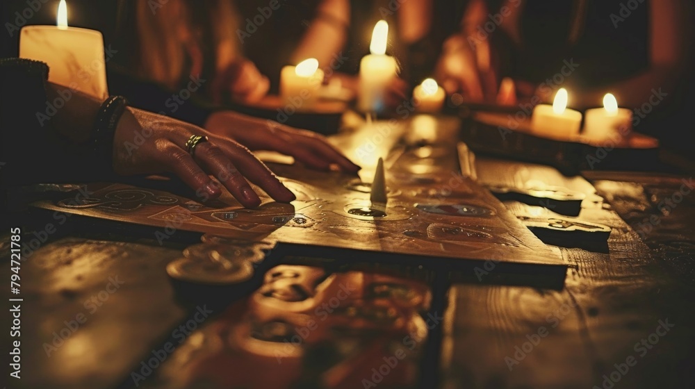A seance table with hands touching a planchette on a Ouija board under candlelight