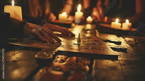 A seance table with hands touching a planchette on a Ouija board under candlelight photo