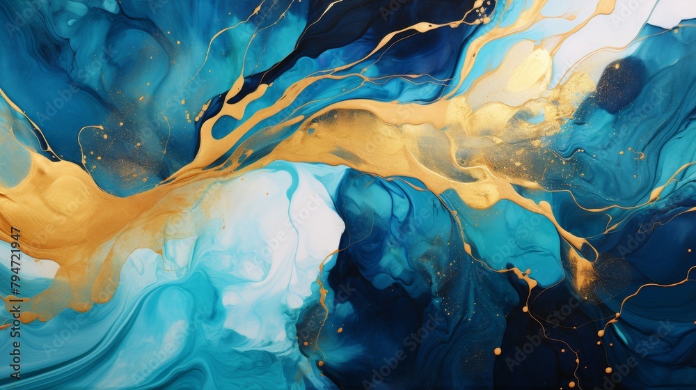 Blue and gold abstract painting with a white splash in the center.