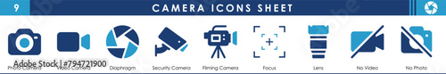 Photo, video, security camera vector icons set. Various camera related icons set.