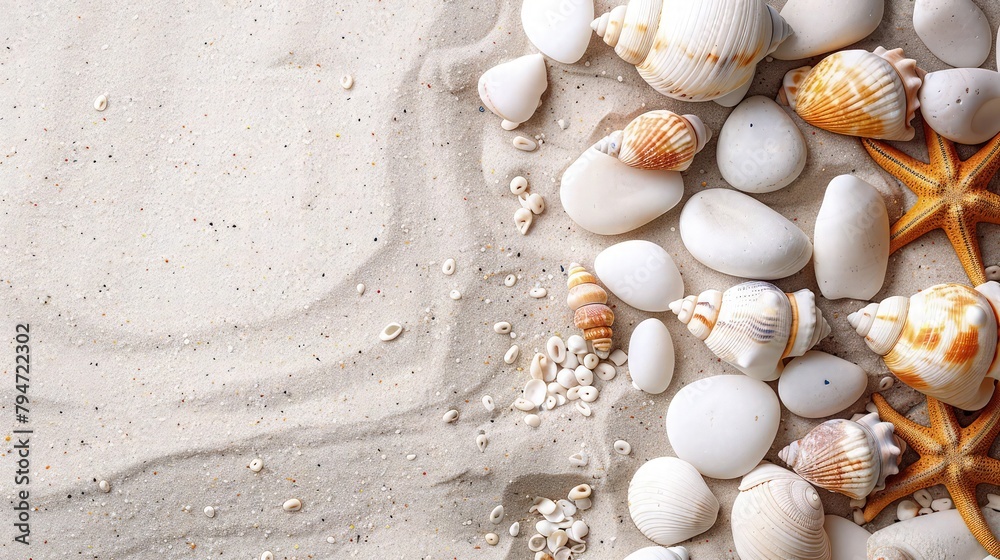 abstract paint background seashells on the sand with beach  view 