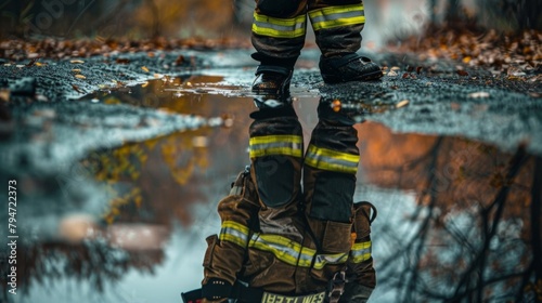 A firefighter looking into a puddle seeing their own reflection as a reminder of the constant bravery required in their job. .