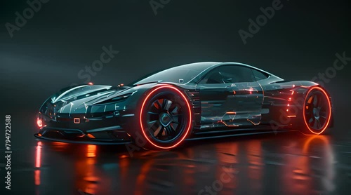 Sports car with a semi-transparent body, glowing edges, and visible mechanical parts.