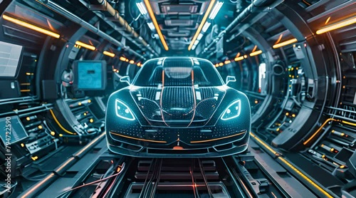 Sports car with a semi-transparent body, glowing edges, and visible mechanical parts.