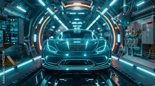 Sports car with a semi-transparent body, glowing edges, and visible mechanical parts.
