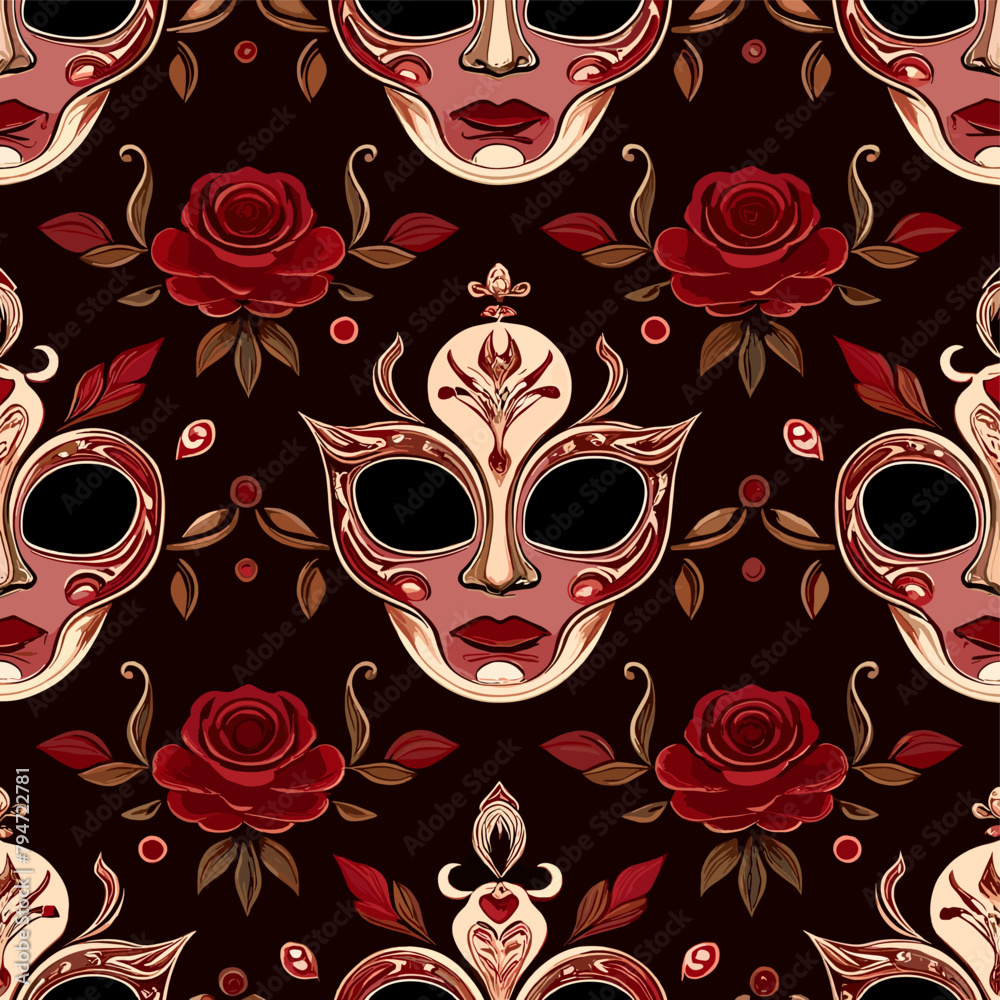 Seamless pattern with small, elegant Venetian masks and roses on a deep red background