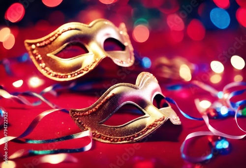 'Bokeh confetti Shiny Defocused Glitter Red Lights Party Masks Carnival Streamers Abstract Venetian mask glistering masquerade mardi light disguise event gold backg'