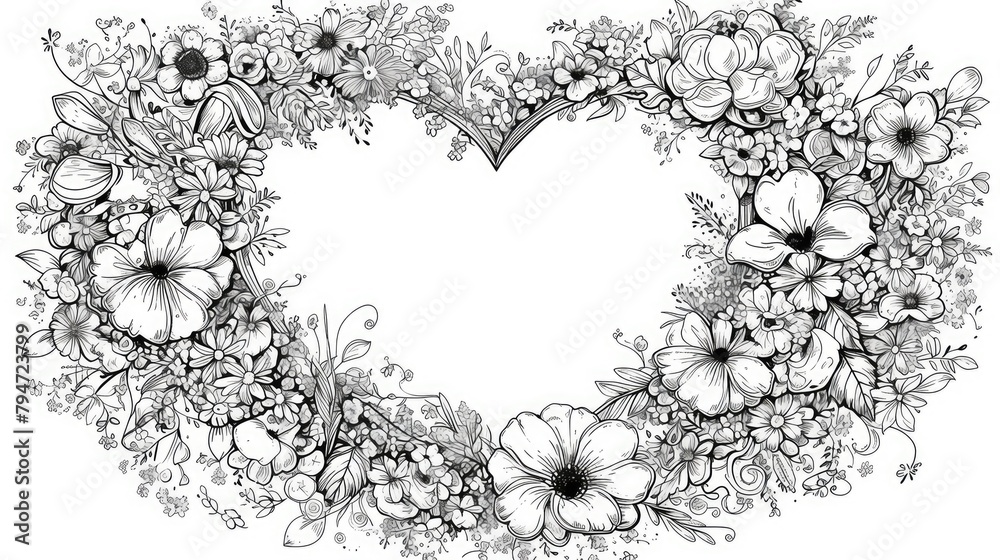 A vibrant black and white floral design featuring the name Amanda surrounded by a heart shaped frame perfect for coloring in a creative book This intricate 2d illustration is ideal for unle - obrazy, fototapety, plakaty 