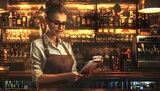 Waitress in a bar using digital tablet for accounting at night, Waitress at the Cafe View Generative AI