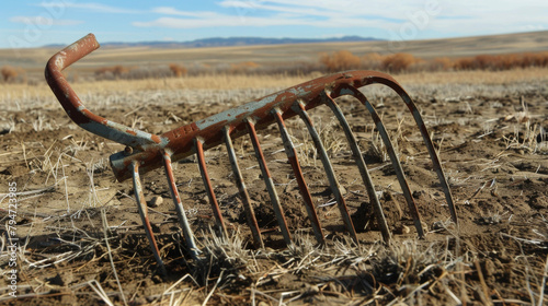 A broken pitchfork its tines bent and handle splintered reveals the grueling physical labor required for maintaining the ranchs land and crops. .
