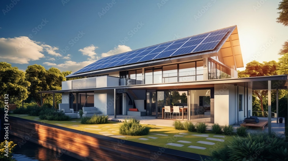 Modern house with solar panels on the roof Modern house with solar panels on the roof