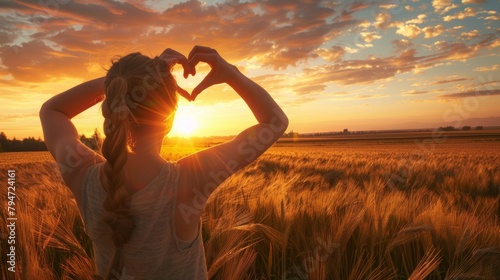 Back view of a person making a heart shape with hands in a golden wheat field during sunset. photo