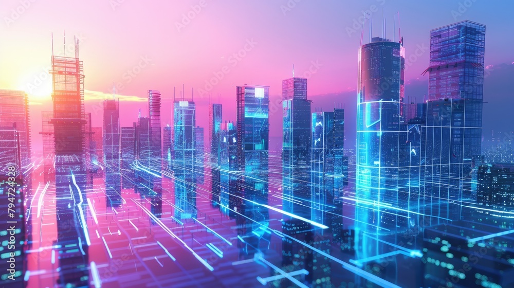 Futuristic cityscape with holographic skyscrapers