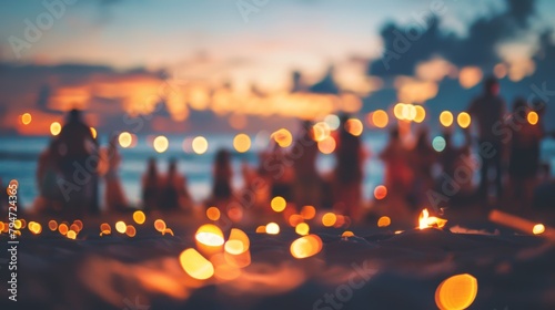 Defocused lights capturing the ambiance of a beach gathering at sunset.