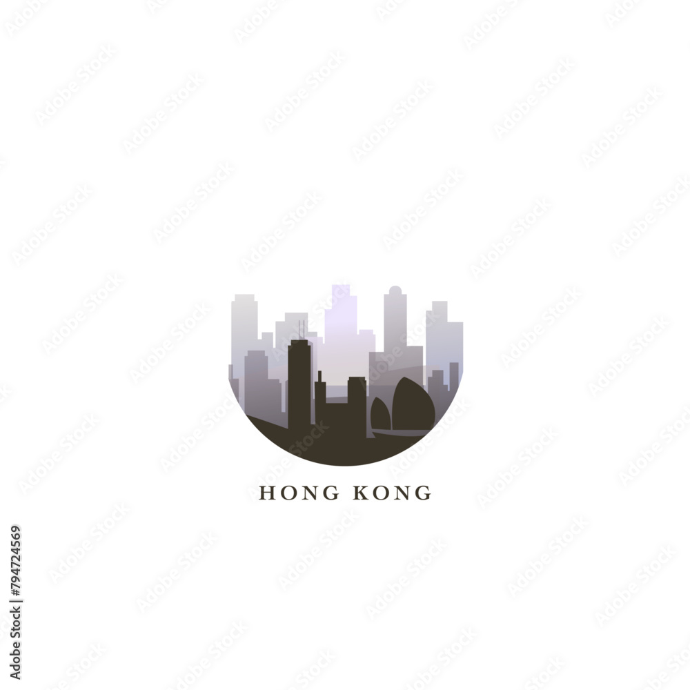 Hong Kong cityscape, gradient vector badge, flat skyline logo, icon. Chinese metropolitan district city round emblem idea with landmarks and building silhouettes. Isolated graphic