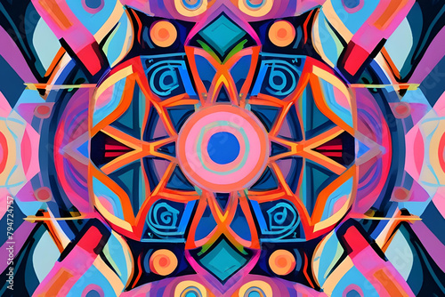Illustration of colorful different seamless and geometric patterns in neo-primitive expressionism art on abstract background photo