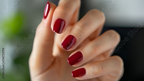 Close-up of a woman's hand with elegant red manicure, perfect for beauty concepts.