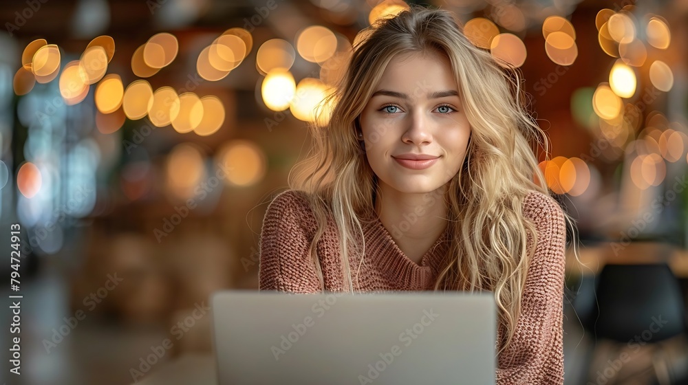 Generative AI : young business owner analyzing data on a laptop screen, the blurred background Generative AI : young business owner analyzing data on a laptop screen, the blurred background
