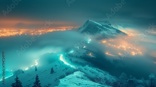 A dreamlike mountainous winter landscape at night with glowing lights and fog.